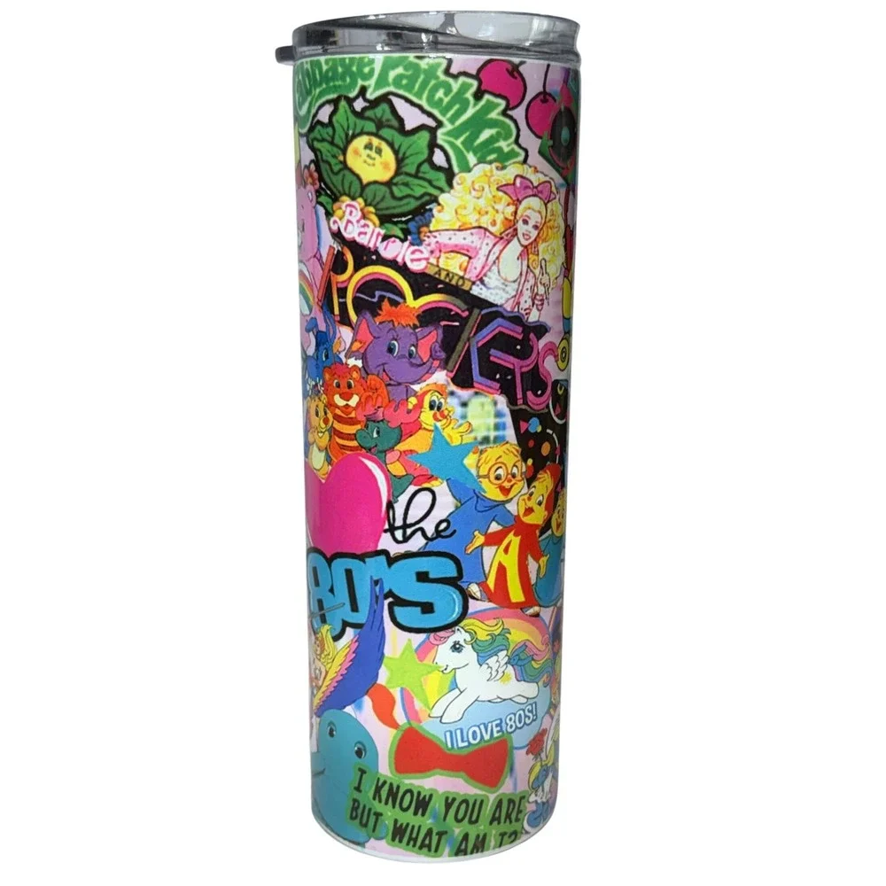 80s Pop Culture Tumbler 20oz Retro Collage Skinny Cup With Lid & Straw